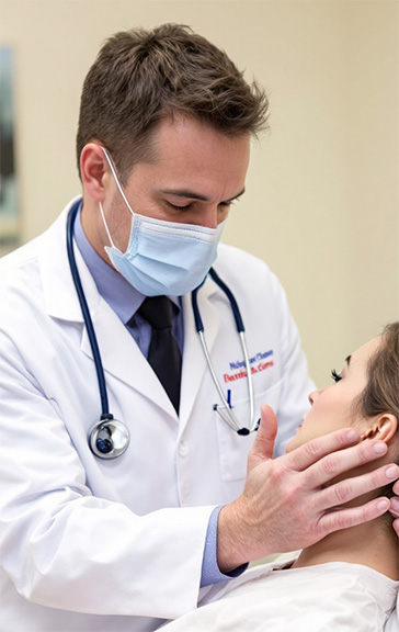 Médico examinando paciente. Nódulo na tireoide